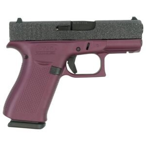 A purple handgun on a white background, featuring a textured grip and a partially visible slide.