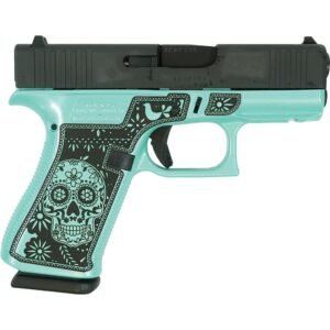 Turquoise handgun with intricate black skull and floral designs on the grip.