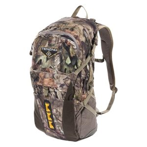Camouflage backpack labeled "Tenzing," designed for outdoor use, featuring a mix of green, brown, and beige patterns, with multiple compartments and padded straps.