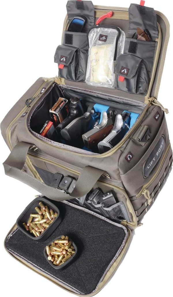 M/l range bag w/foam cradle for 4 handguns 2 ammo dump cups