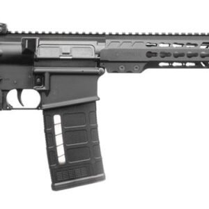 Black semi-automatic rifle with a tactical design, featuring adjustable stock and rail system, against a white background.