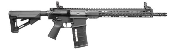 Black semi-automatic rifle with a tactical design, featuring adjustable stock and rail system, against a white background.