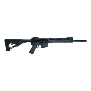 Black semi-automatic rifle with tactical stock and long barrel, featuring a rail system and ergonomic grip.