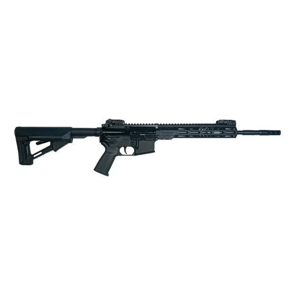 Black semi-automatic rifle with tactical stock and long barrel, featuring a rail system and ergonomic grip.