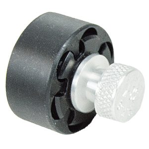 Black cylindrical firearm accessory with a silver knurled knob.