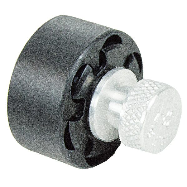Black cylindrical firearm accessory with a silver knurled knob.