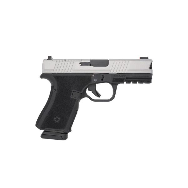 A silver and black semi-automatic handgun positioned on a neutral background.