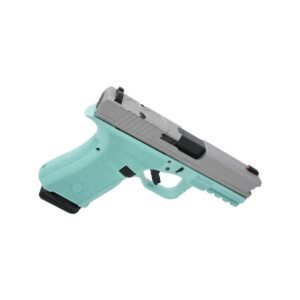 A mint green and gray semi-automatic handgun is shown from the left side, featuring a textured grip and an exposed slide.