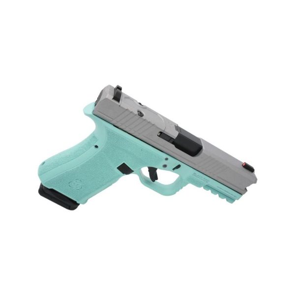 A mint green and gray semi-automatic handgun is shown from the left side, featuring a textured grip and an exposed slide.