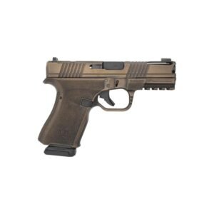 Image of a semi-automatic handgun with a bronze finish, featuring a textured grip and a rail for attachments.