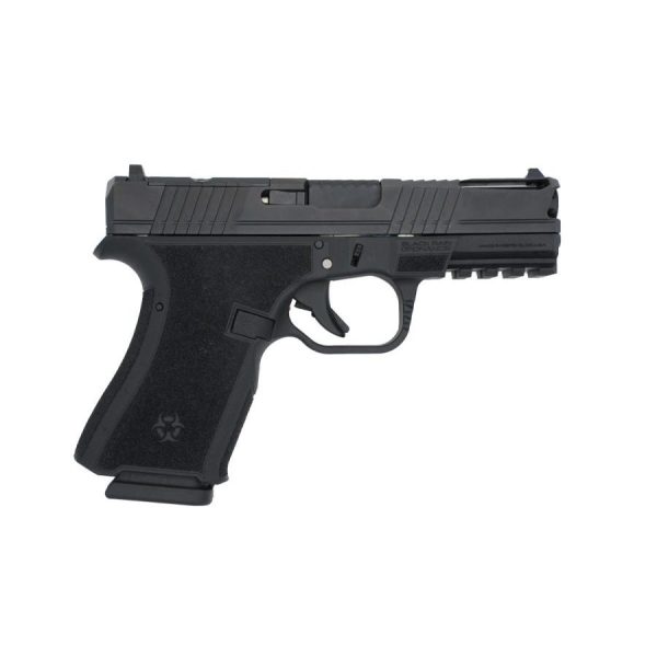 A black semi-automatic handgun with a textured grip, positioned on a white background.