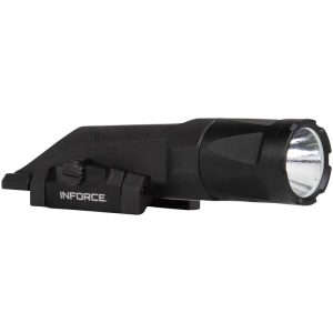 A black tactical flashlight with a mounting rail for firearms, labeled "INFORCE."