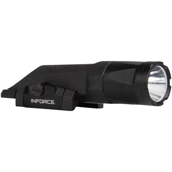 A black tactical flashlight with a mounting rail for firearms, labeled "inforce. "