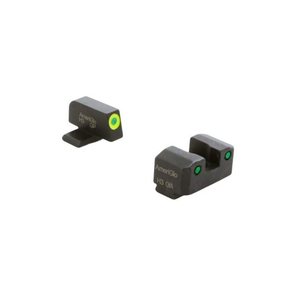 Set of ameriglo night sights for firearms, featuring green and yellow illumination for improved visibility.