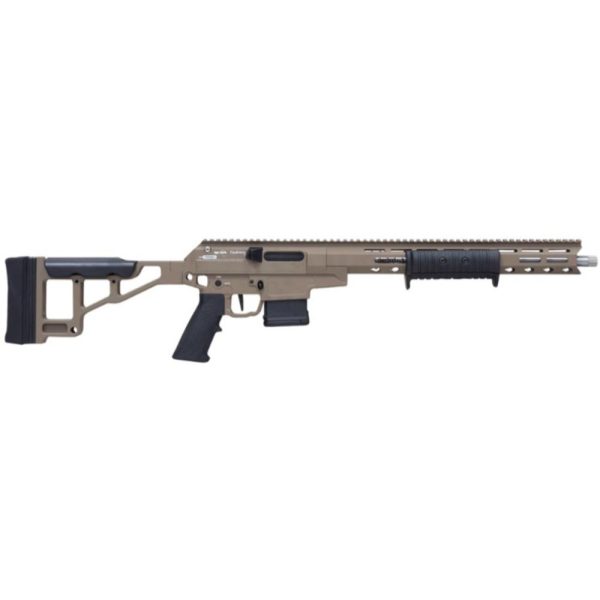 A tactical firearm with a brown and black color scheme, featuring an adjustable stock, a picatinny rail for accessories, and a pistol grip.