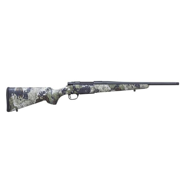 A side view of a camouflaged bolt-action rifle with a traditional wooden stock and a long barrel, laid against a white background.