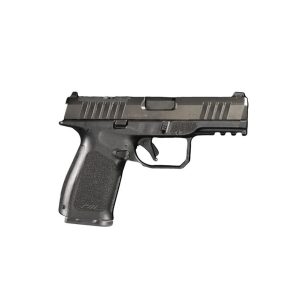 A black semi-automatic handgun with a textured grip and multiple safety features, displayed against a plain background.