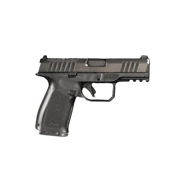 A black semi-automatic handgun with a textured grip and multiple safety features, displayed against a plain background.