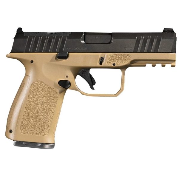A semi-automatic handgun with a tan grip and black slide, featuring visible controls and a textured handle.