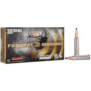 Federal premium. 300 win mag trophy copper 180 grain ammunition box with two cartridges displayed.