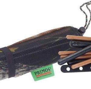 A camouflage mesh bag containing various hunting accessories, including wooden and plastic rods.