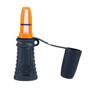 Black and orange duck call tool with textured grip and attached cover.
