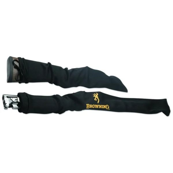 A pair of black firearm socks with a browning logo, designed to protect guns during storage or transport.