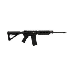 Black semi-automatic rifle with a telescopic stock and ribbed handguard.