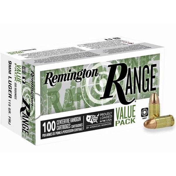 Remington range handgun ammo 9mm luger 115 gr fmj 1145 fps 100/ct