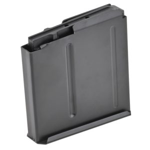A black firearm magazine for guns, viewed from the side.