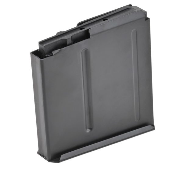A black firearm magazine for guns, viewed from the side.