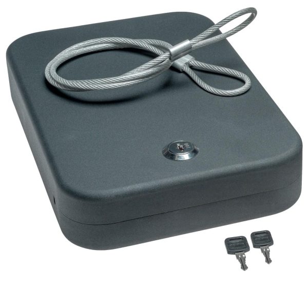 A black security box with a key lock and a cable for tethering, accompanied by two keys for locking and unlocking.