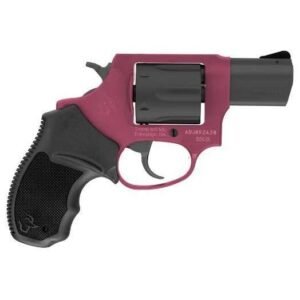 A compact revolver with a pink frame and black grip, featuring a double-action trigger and an exposed cylinder.