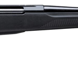 A side view of a black rifle against a white background.