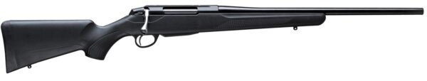 A side view of a black rifle against a white background.