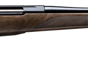 A side view of a wooden stock hunting rifle with a long barrel, showcasing its sleek design and craftsmanship.