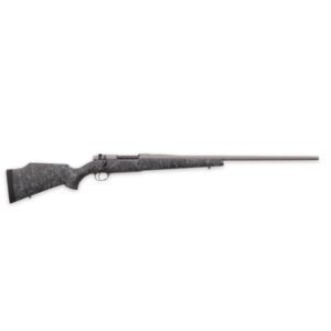 Gray and black bolt-action rifle with textured stock and long barrel, isolated on a white background.