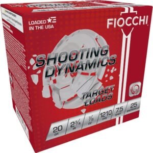 A box of fiocchi shooting dynamics target loads, labeled for 20 gauge, 2¾ inch shells, containing 25 shotshells, with specifications including 7. 5 shot and a velocity of 1210 fps. The box features a red design with white graphics.