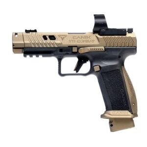 A semi-automatic handgun in black and tan, featuring a tactical design and optic mounting system.