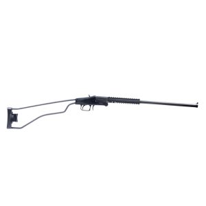 A side view of a firearm with a long barrel and a skeleton stock.
