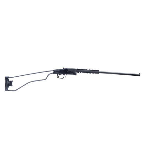 A side view of a firearm with a long barrel and a skeleton stock.