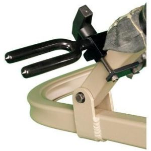 Detail of a firearm stabilizing rest, showing the attachment points and structure, suitable for shooting and firearm support.