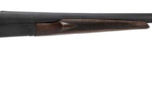 A side view of a double-barrel shotgun with a wooden stock and a sleek black barrel, highlighting details of the firearm's design.