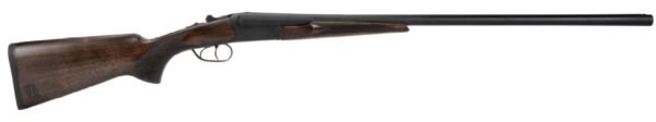 A side view of a double-barrel shotgun with a wooden stock and a sleek black barrel, highlighting details of the firearm's design.