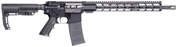 A close-up image of a black semi-automatic rifle with a long rail system and a collapsible stock.