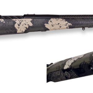 A camouflaged rifle with a textured stock, showcasing various shades of black, gray, and beige, positioned against a white background.