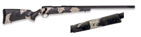 A camouflaged rifle with a black and khaki patterned stock, showcasing the barrel and trigger mechanism.