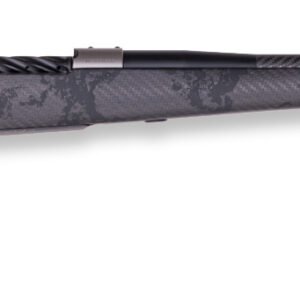 A sleek carbon fiber rifle with a textured black finish, showcasing a long barrel and an ergonomic stock. The image features a close-up of the action and bolt area on the side.