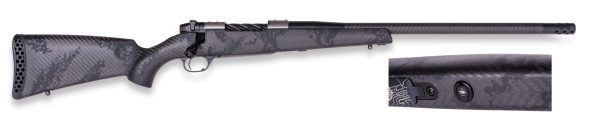 A close-up image of a modern rifle with a textured black carbon fiber stock, featuring a bolt action mechanism and a long barrel, highlighting unique design elements and detailing.