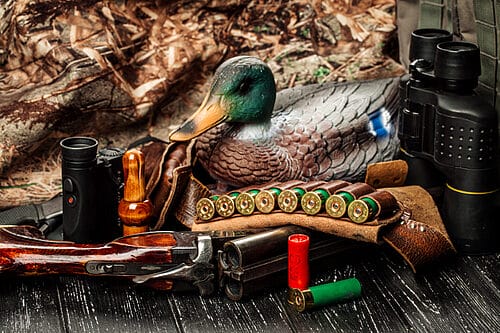 Hunting equipment including a duck decoy, binoculars, shotgun, cartridges, and a camouflage net.